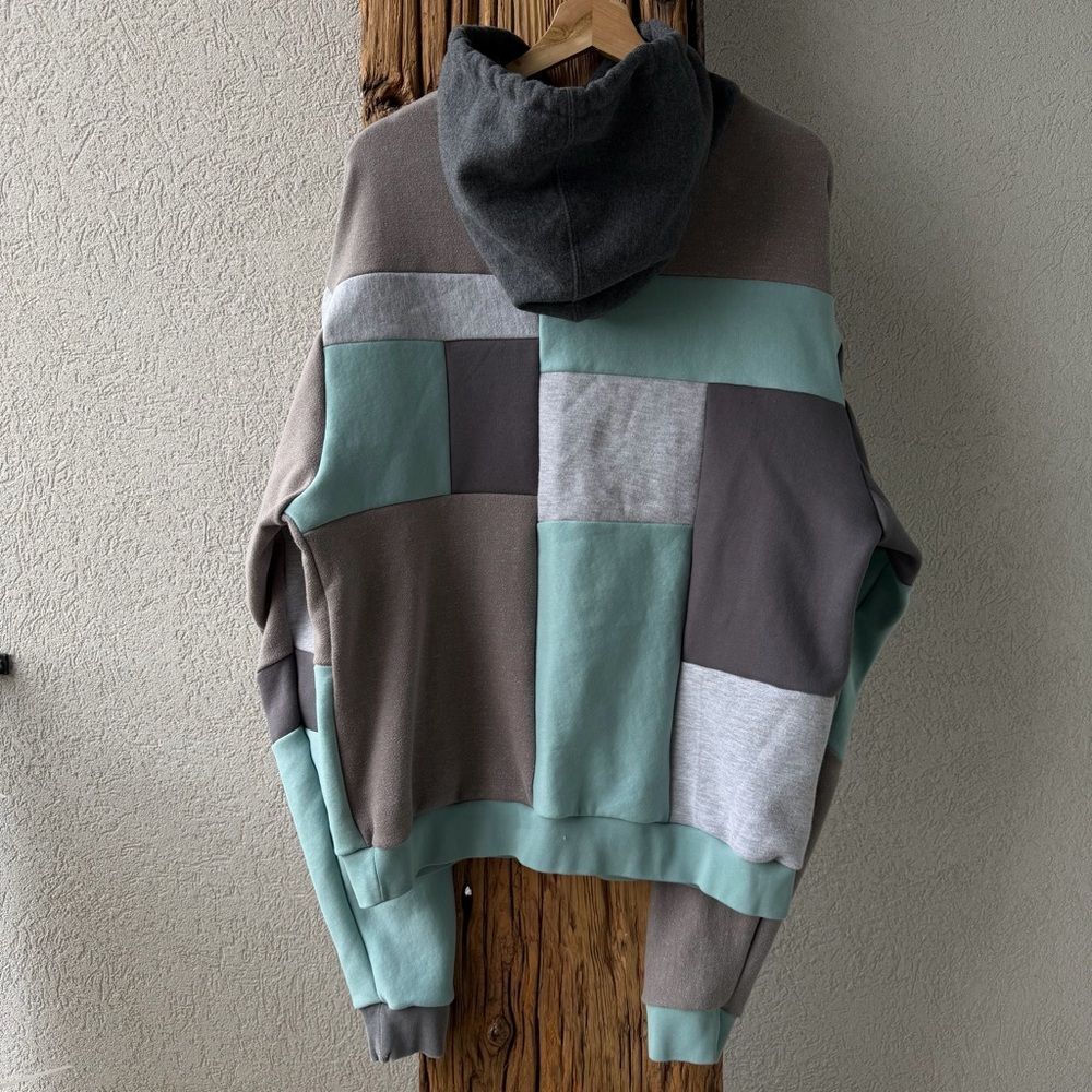 Upcycled Nike Patchwork Pullover Relaxed Casual Hoodie Teal,Brown,Gray, Sweater - Picture 3 of 3